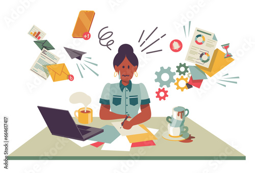 A woman working at her desk. Vector illustration of burnout; stress and anxiety at work. Separated items on a white background.