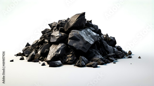 Pile of black rock sitting on top of white floor next to pile of black rocks.