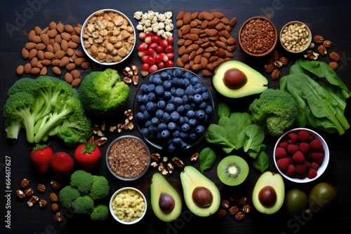 Knolling of high fiber foods   Walnuts  Broccoli  Beans  Berries  Avocado  Popcorn  Apples - AI Generated