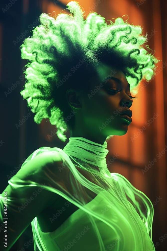 young african ethnicity woman with curly black afro hairstyle at green neon light, stylish female at nightclub, futuristic portrait