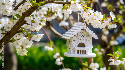 Beautiful spring garden with blooming apple tree and white birdhouse