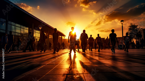Group of people walking down walkway at sunset with the sun in the background. © Констянтин Батыльчук