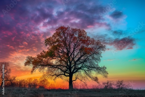 Vibrant tree under morning sky. Generative AI