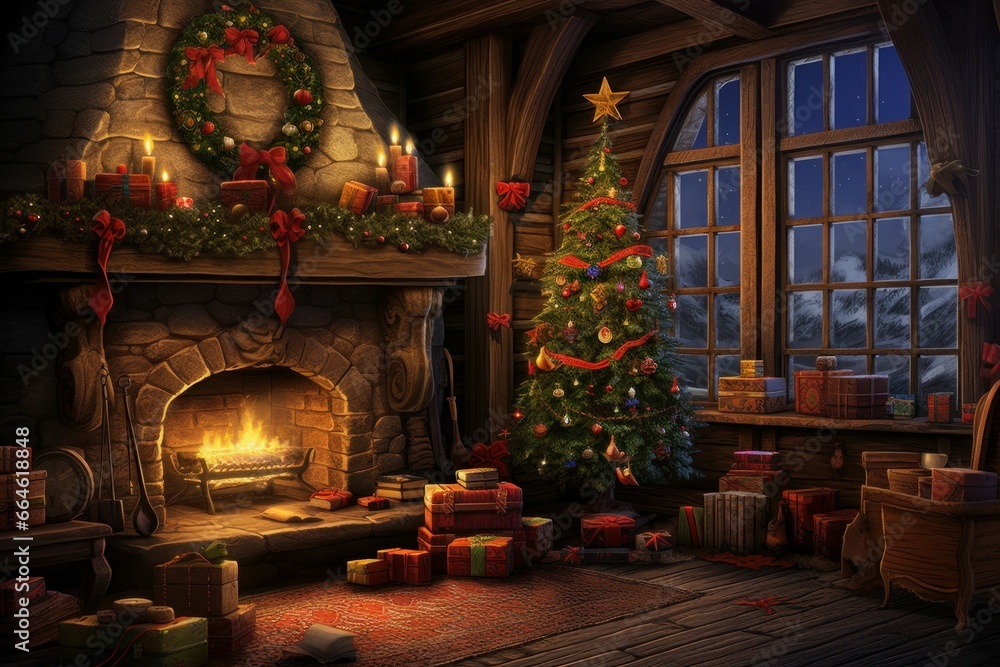 Warm Christmas interior room. Fire decor. Generate Ai