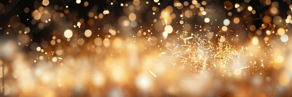Naklejka premium Gold fireworks and bokeh in new year eve and copy space. abstract background holiday. Banner