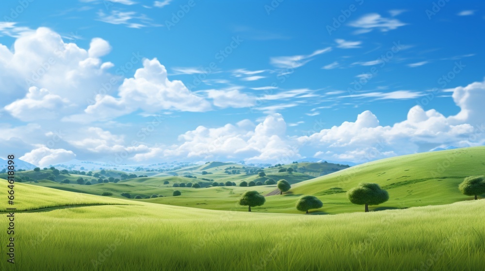 A tranquil countryside with fields of green grass fading into a clear blue sky.