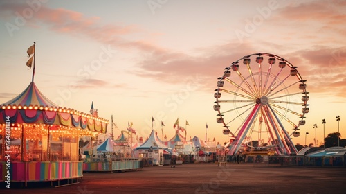 a timeless vintage fairground, complete with a Ferris wheel, cotton candy, and colorful bunting against a sunset sky.