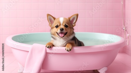 puppy in bath on pink background