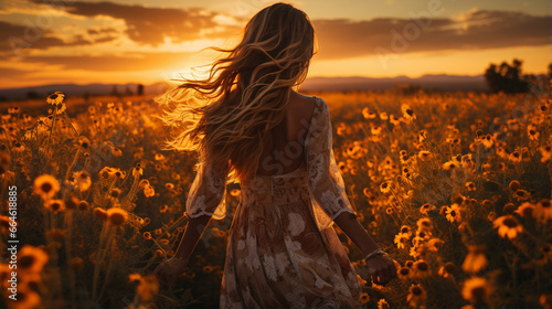 beautiful young woman in field with sunset in background