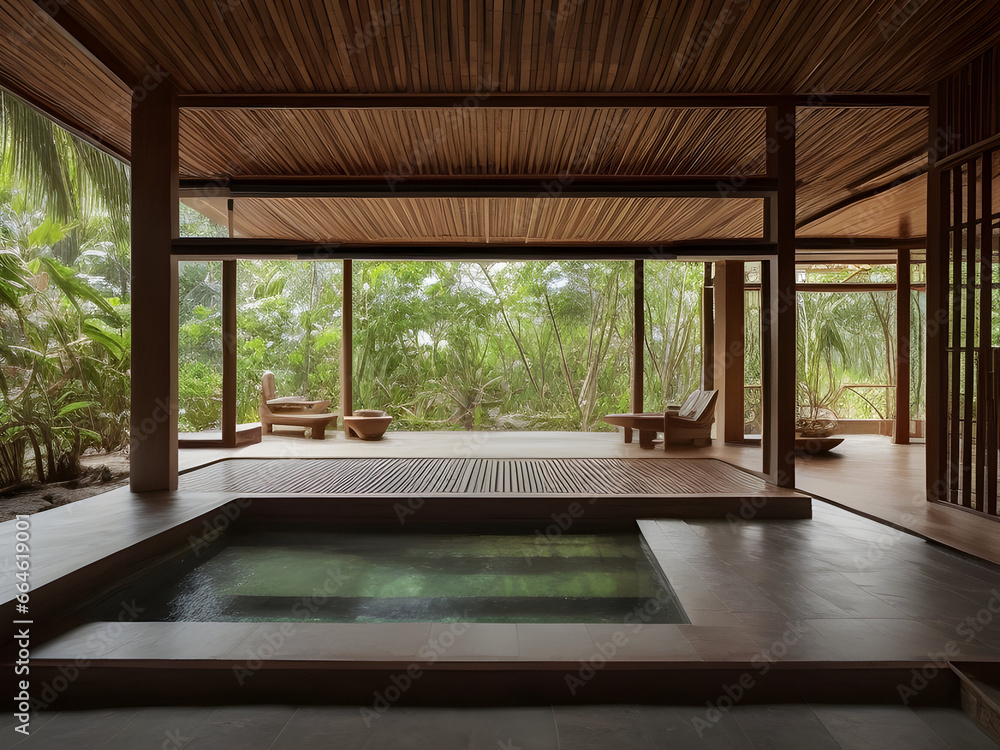 Fototapeta premium Luxury swimming pool in a cabin house made out of woods