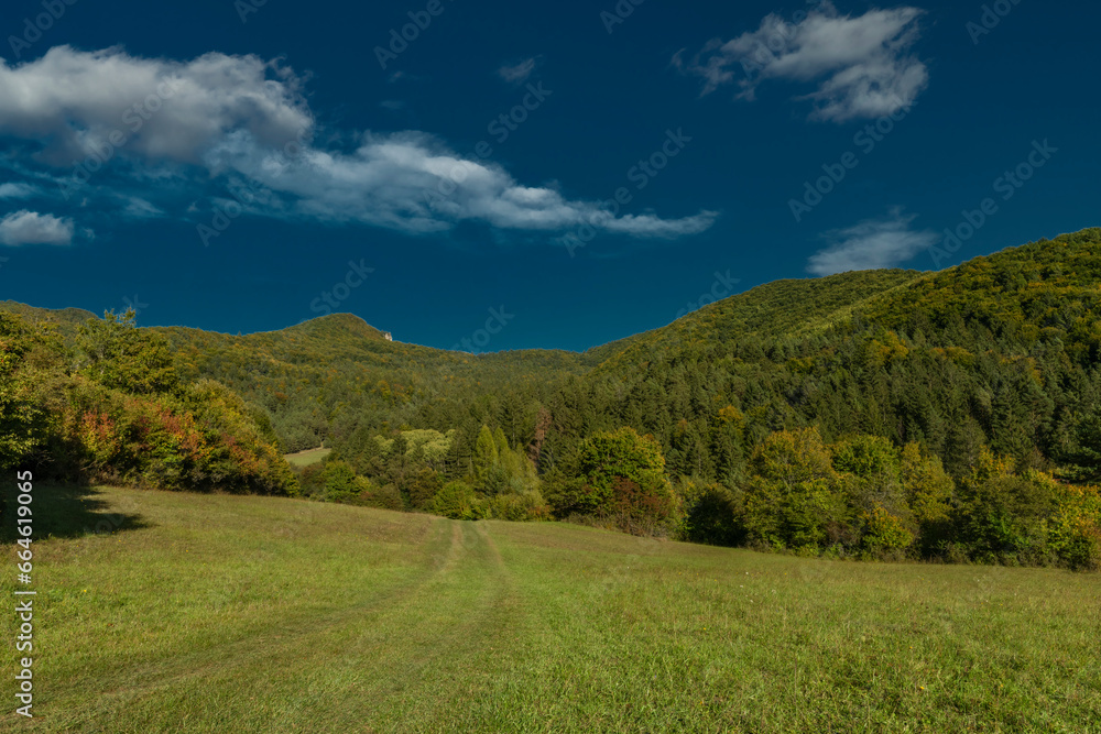 Meadows and hills in Strazovske hills in autumn cloudy day with green colors Meadows and hills in Strazovske hills in autumn cloudy day with green colors