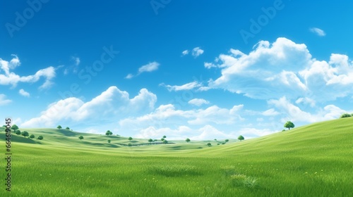 A tranquil countryside with fields of green grass fading into a clear blue sky.