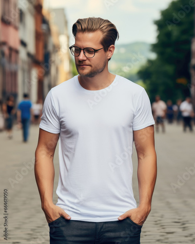 Young man wearing blank white t-shirt and sunglass. Model t-shirt mockup. Blur background