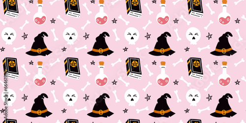 Seamless pattern hat, skull, spell book, bones, potion on pink background for halloween in flat vector style. For textile, wrapper, background