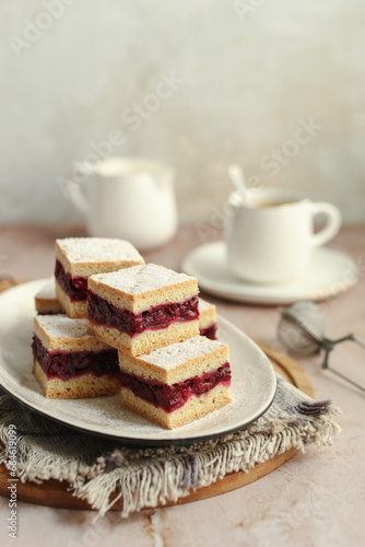 Wallpaper Mural Traditional homemade cherry pie. Cup of coffee. Light brown backdrop. Torontodigital.ca