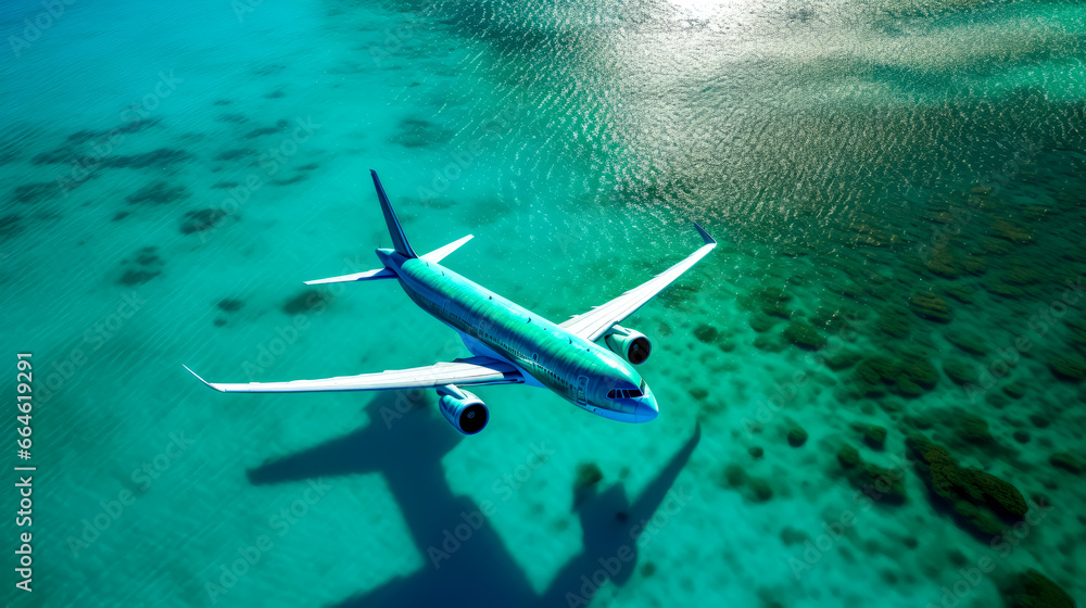 Large jetliner flying over the ocean on top of body of water. Large jetliner flying over the ocean on top of body of water.