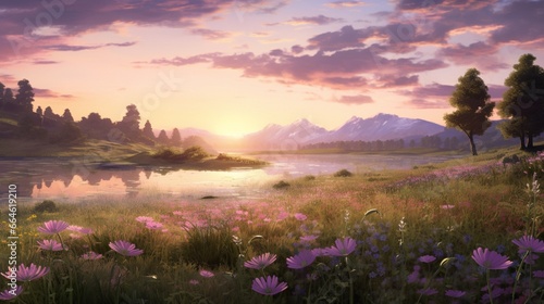 A tranquil meadow at sunrise, with the sky blending from soft lavender to pale yellow.