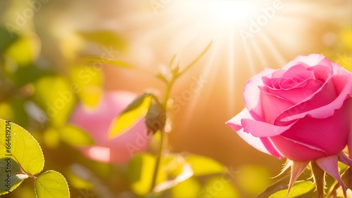 Summer scene with pink rose in rays of sunlight. Close-up or macro