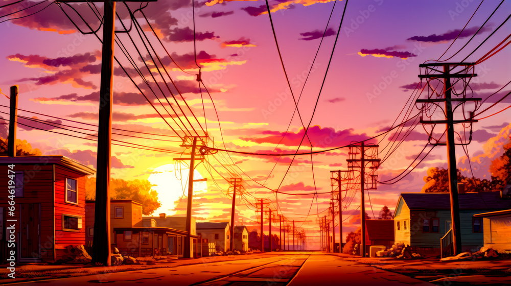 The sun is setting over street with power lines in the foreground.