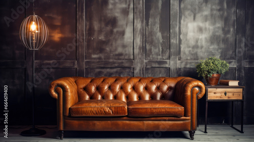 Vintage brown leather sofa in a dark room with a lamp.