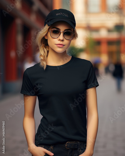 Mockup Beautiful Woman In Black T-shirt On Street Background. Model t-shirt mockup