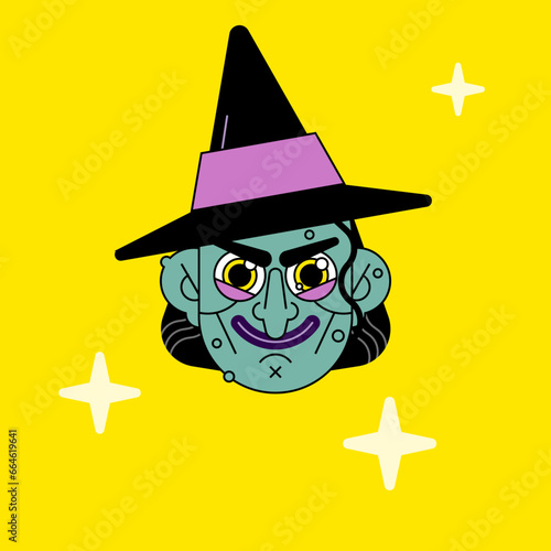 Scary Witch Halloween Head Monster Face. Vector flat cute Witch face illustration. (ID: 664619641)