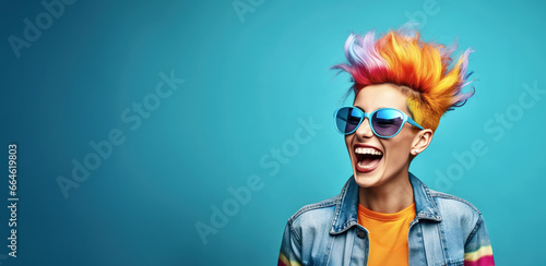 Young woman with colourful dyed hair, screaming or shouting. Wide banner copy space on side. Generative AI photo