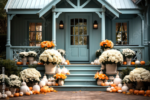 Traditional style front porch decorated Different coloured pumpkins for autumn holidays, giving an inviting atmosphere.