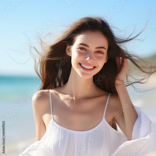 A happy beautiful woman enjoys the beach on a clear sky day.