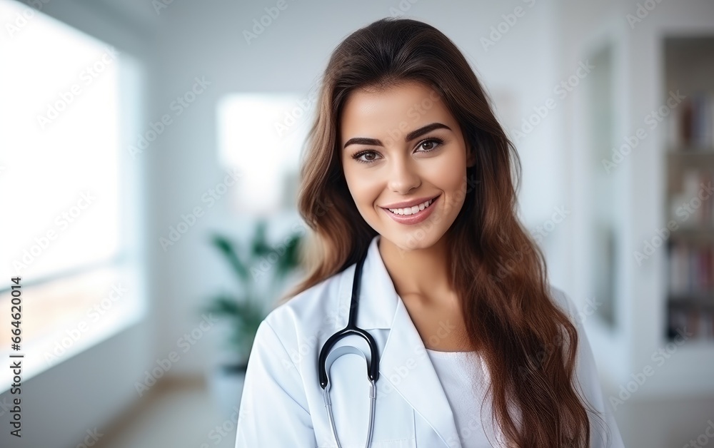 A woman doctor smiling standing in her clinic A woman doctor smiling standing in her clinic