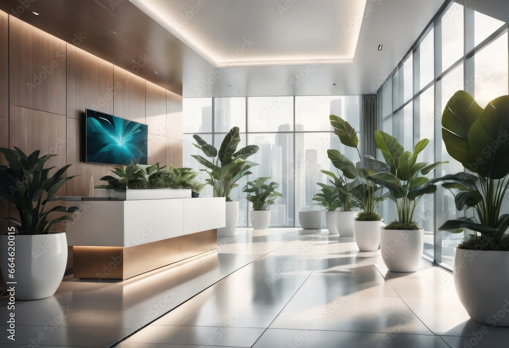 Modern business interior, many potted plants in the living room in modern skyscraper building, business district, plush leather pad, couch, sofa. Rotunda, white marble interior, large panoramic window