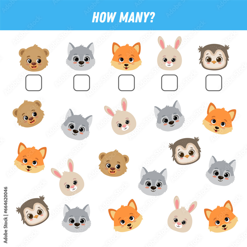 How many forest animals are there. Count the number of animals face. Math worksheet for kids. Vector