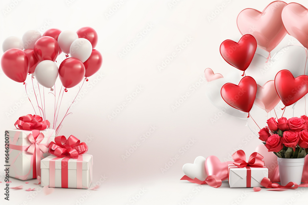 Framing border with romantic ornament with balloon, rose and gift are arranged around empty picture frame on white background backdrop and copy space.  Mock up for Valentine's Day.