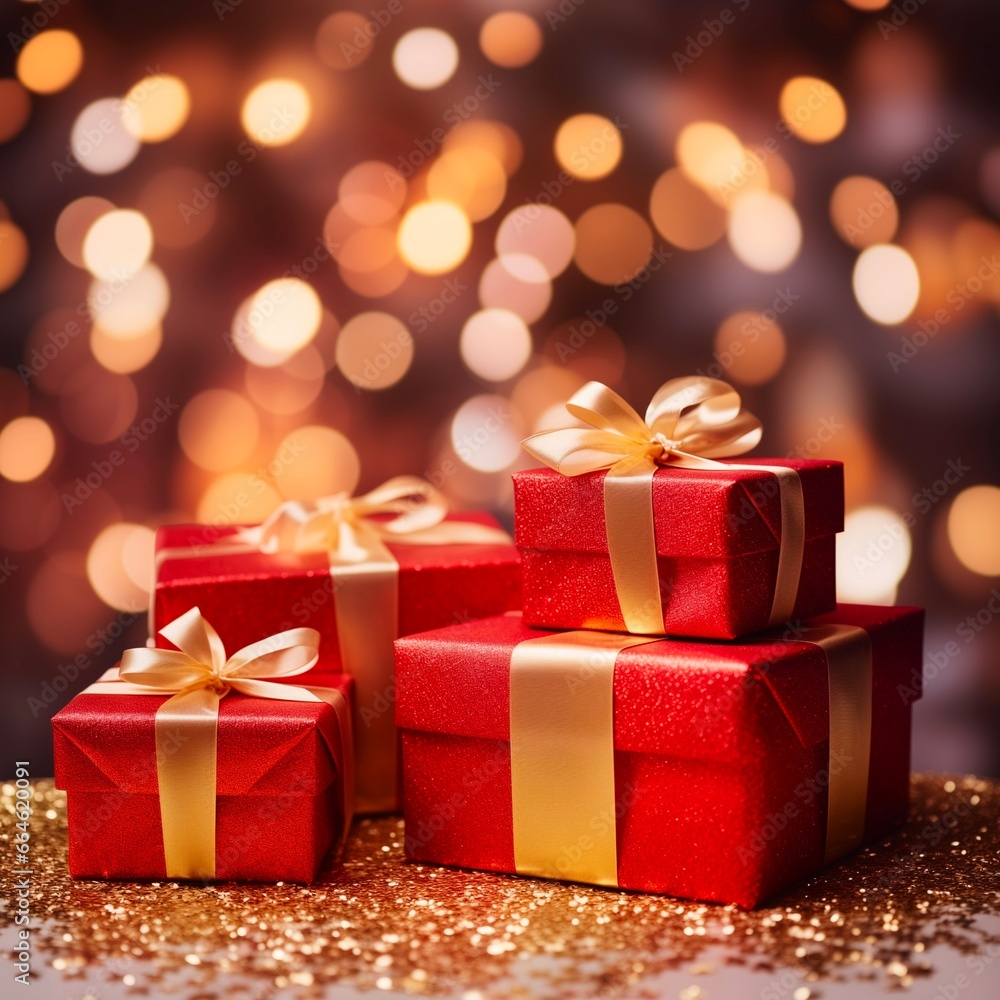Obraz premium Christmas gift box in red color with gold ribbon on a light bokeh background. 