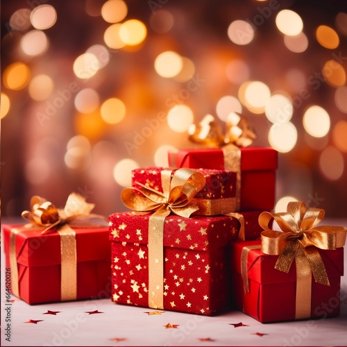 Christmas gift box in red color with gold ribbon on a light bokeh background.  © PJang