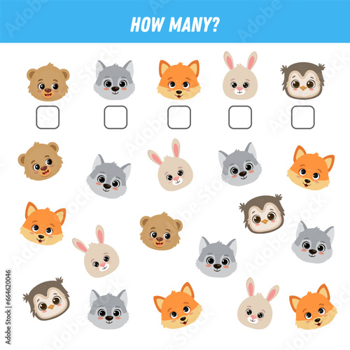 How many forest animals are there. Count the number of animals face. Math worksheet for kids. Vector