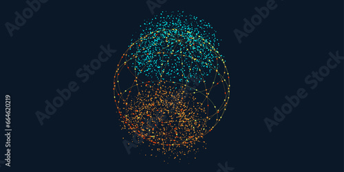 Abstract Pattern with Neuron Network. Science Global Concept in the Form Circle on Black Background. Futuristic Wireframe Geometric Grid. 3d Explosion Molecule Effect.