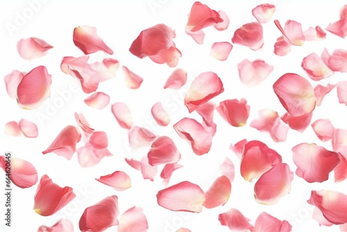 Valentine's Day rose petals in flight, perfect for love-themed greetings. Background with isolated rose petals. Generative AI