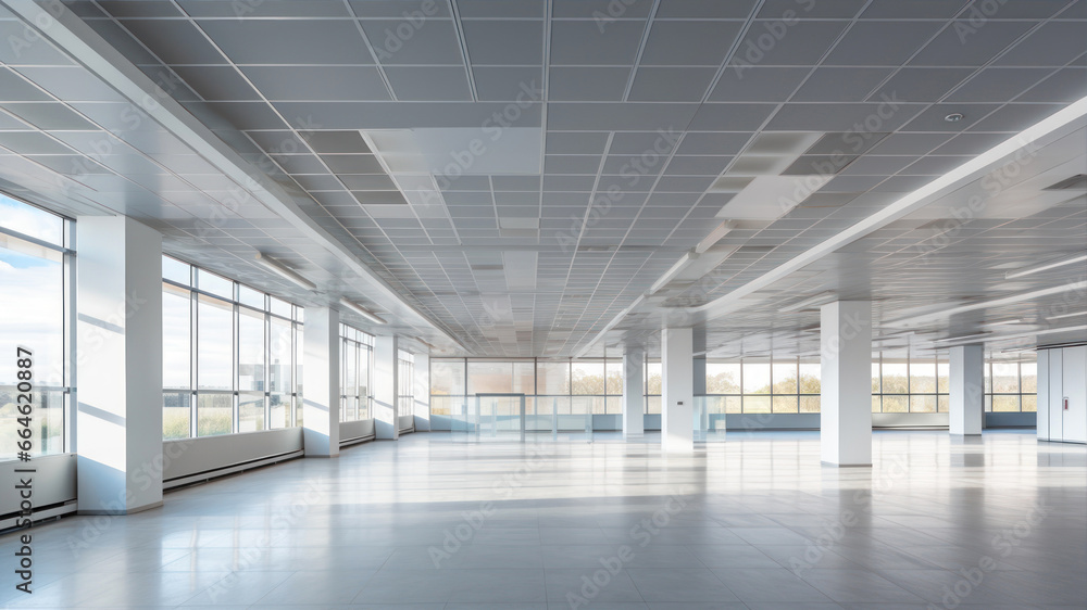 Empty office interior with large windows and tiled floor. Empty office interior with large windows and tiled floor.
