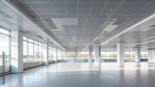 Empty office interior with large windows and tiled floor.