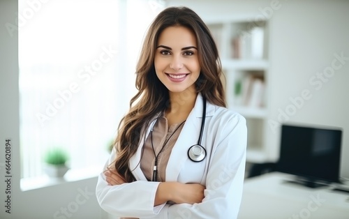 A woman doctor smiling standing in her clinic photo