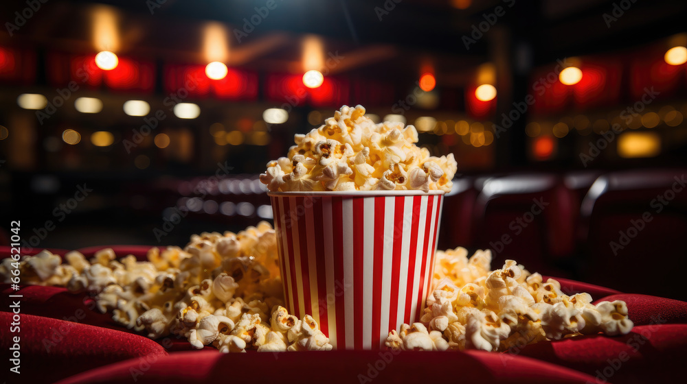 a striped red and white bucket of popcorn stands against the backdrop of a cinema hall, movie, food, day off, snack, fun, entertainment, pack, corn, fast food, film, cafe, lights, treat, bag, party a striped red and white bucket of popcorn stands against the backdrop of a cinema hall, movie, food, day off, snack, fun, entertainment, pack, corn, fast food, film, cafe, lights, treat, bag, party