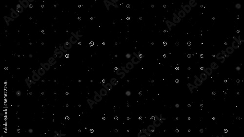 Template animation of evenly spaced time back symbols of different sizes and opacity. Animation of transparency and size. Seamless looped 4k animation on black background with stars