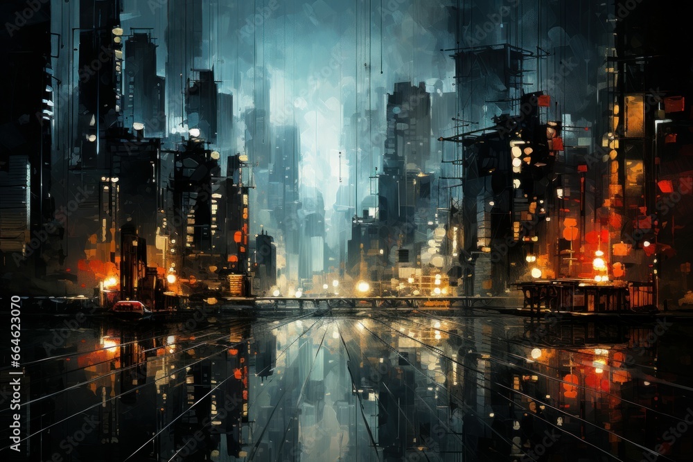 Mysterious City night landscape. Modern view. Generate Ai - obrazy, fototapety, plakaty 