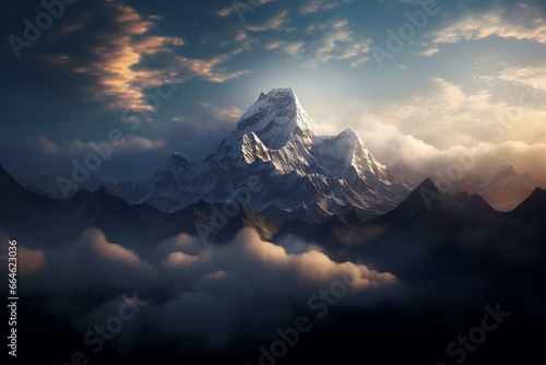 Nepal's majestic Himalayas tower over clouds. Generative AI