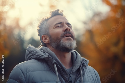 Man with Closed Eyes Looking Up photo