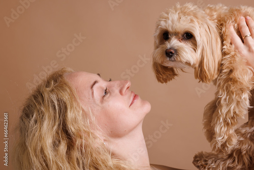 a girl holds a cute Maltipoo dog in her arms close-up on a plain beige background, the concept of love for a dog