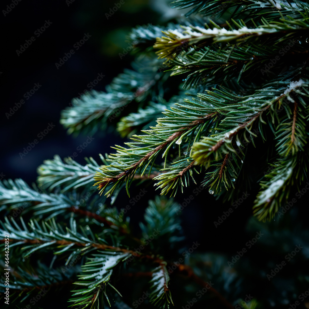 A close up view of a Christmas fir tree frond or a green pine tree branch with snow on black background. A close up view of a Christmas fir tree frond or a green pine tree branch with snow on black background.