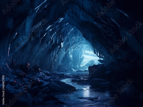 Ice Cave Tunnel: Frozen landscape, ethereal blue hues, icicles hanging down, snowflakes falling, ambient light, soft glow, peaceful © Marco Attano