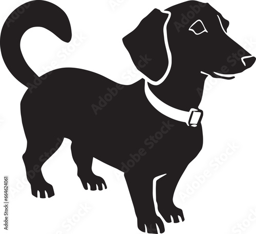  Illustration of a black and white Dachshund, known for its elongated body and short legs. The Dachshund is a breed recognized for its tenacity and playfulness